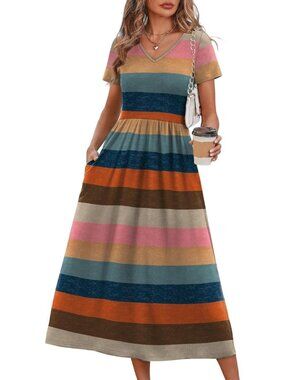 Women's Boho Retro Stripe Flowy Casual A Line Midi Beach Sundresses With Pocket